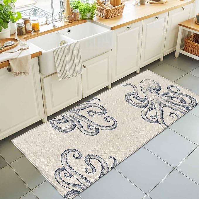 Runner Rug for Bedroom Hallway, Marine Octopus Sea Monster Kitchen Runner Rugs Area Rug 2x6ft, Farmhouse Ocean Life on Linen Washable Soft Floor Carpet for Entryway Stair