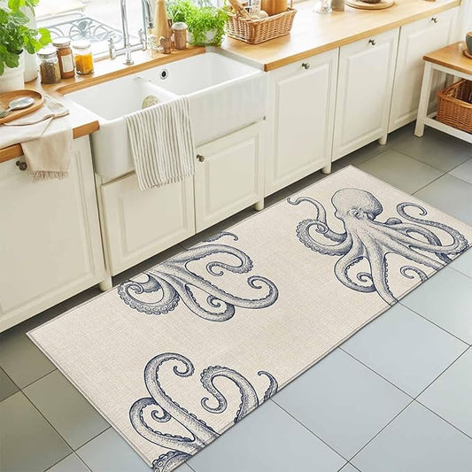 Runner Rug for Bedroom Hallway, Marine Octopus Sea Monster Kitchen Runner Rugs Area Rug 2x6ft, Farmhouse Ocean Life on Linen Washable Soft Floor Carpet for Entryway Stair