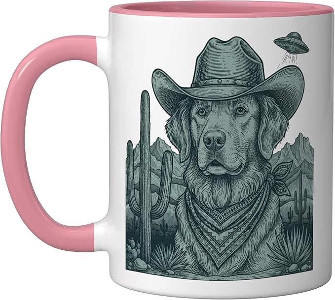 Cowboy Golden Retriever With Ufo Western Dog Art Ceramic Mug, Pink/White