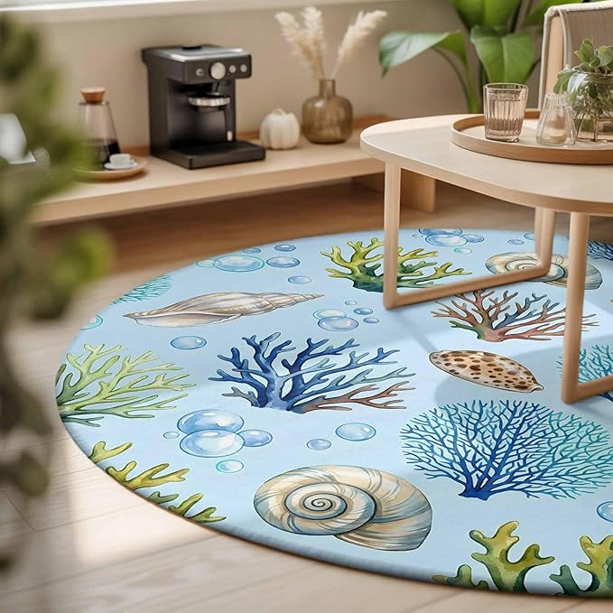 Washable Round Area Rug Coastal Shell Coral Bubble Circle Rugs Floor Carpet for Living Room Bedroom, Nautical Ocean Blue Underwater Scene Soft Non Slip Round Rug 3ft