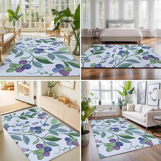 Area Rug 4x6ft, Blueberries Bell Flowers Washable Rugs for Living Room Bedroom, Modern Watercolor Plants Soft Non-Slip Area Rugs Rectangle Floor Carpet for Dining Room