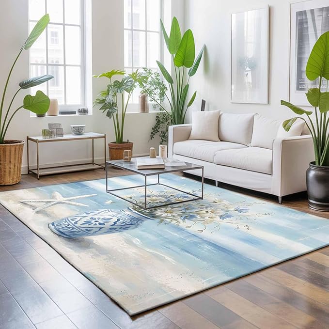 Area Rug 4x6ft, Summer Beach Starfish Flower Washable Rugs for Living Room Bedroom, Marine Theme Daisy Vase Soft Non-Slip Area Rugs Rectangle Floor Carpet for Dining Room