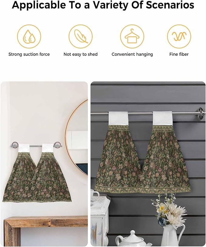 Alandar Home Kitchen Tie Towel Set of 2, Retro Flower Botanical on Green Absorbent Soft Hand Towels for Bathroom Hanging Towels, Vintage Ethnic Style Fast Drying Cleaning Cloth with Loop