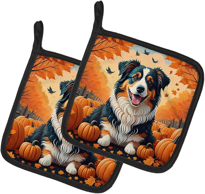 Caroline's Treasures DAC1009PTHD Australian Shepherd Terrier Fall Pair of Pot Holders Kitchen Heat Resistant Pot Holders Sets Oven Hot Pads for Cooking Baking BBQ, 7 1/2 x 7 1/2