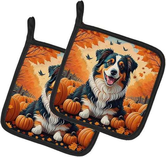 Caroline's Treasures DAC1009PTHD Australian Shepherd Terrier Fall Pair of Pot Holders Kitchen Heat Resistant Pot Holders Sets Oven Hot Pads for Cooking Baking BBQ, 7 1/2 x 7 1/2