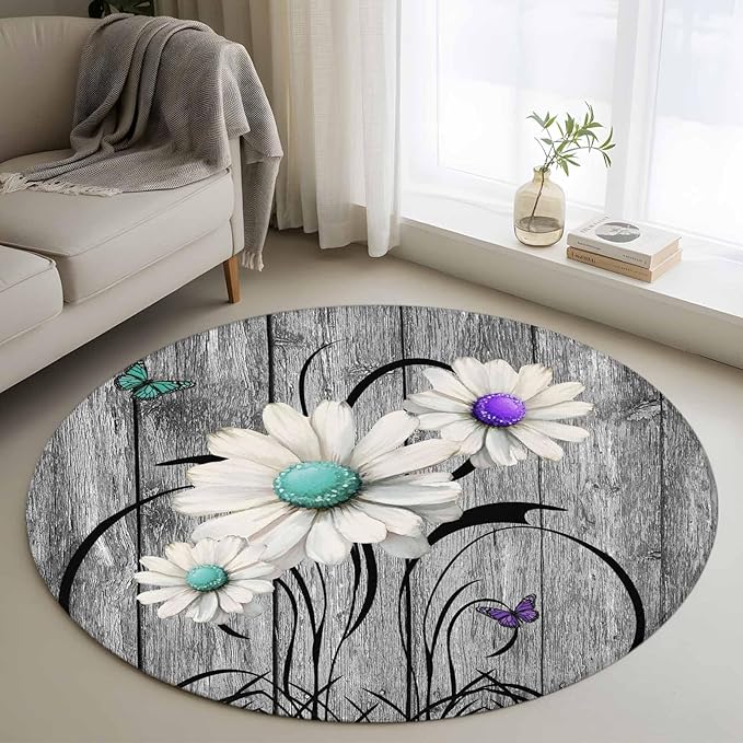 Washable Round Area Rug Farm Daisy Shabby Wood Grain Circle Rugs Floor Carpet for Living Room Bedroom, Vintage Flower Plant Butterfly Soft Non Slip Round Rug 3ft
