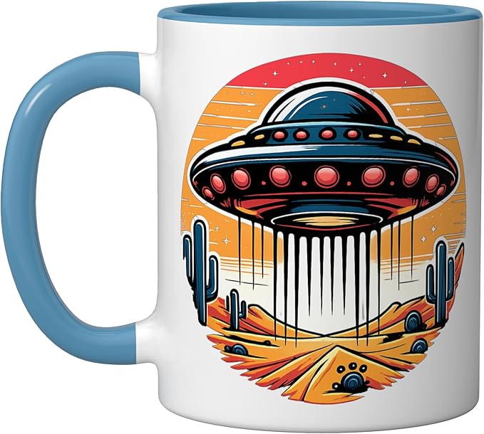 Retro UFO Desert Abduction Scene | Vintage Sci-Fi Ceramic Mug, Blue/White