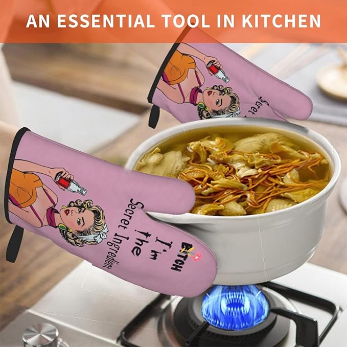 Oven Mitts of 2-Pack Set, Biich I Am The Secret Ingredient, Funny Kitchen Gloves Heat Resistant Non-Slip Kitchen Mitts Safe Cooking Baking Grilling