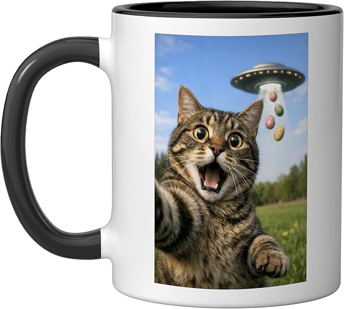 Funny Cat Selfie with Easter Eggs UFO for Men Women Kids Ceramic Mug, Black/White