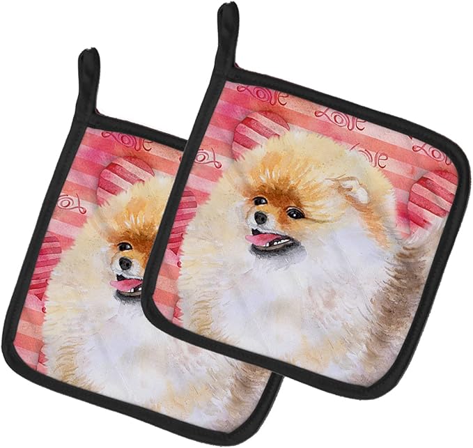 Caroline's Treasures BB9769PTHD Pomeranian Love Pair of Pot Holders, Red Kitchen Heat Resistant Pot Holders Sets Oven Hot Pads for Cooking Baking BBQ, 7 1/2 x 7 1/2