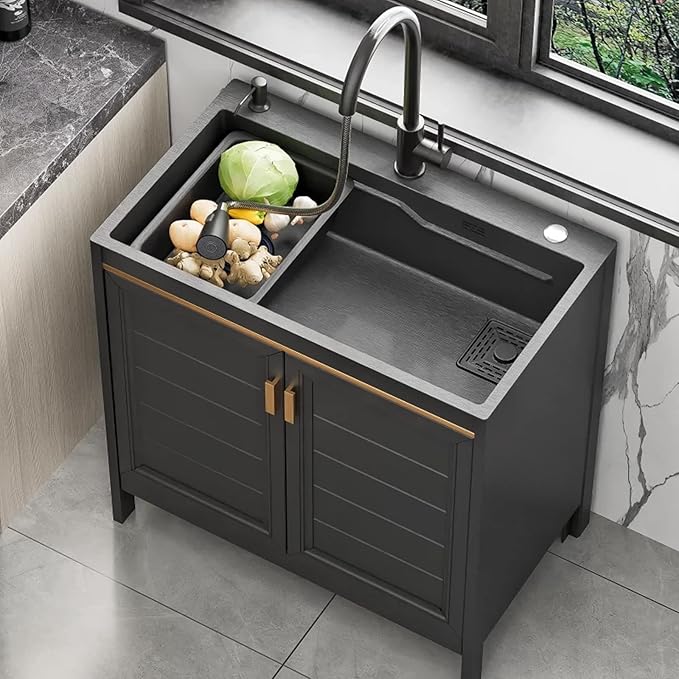 Indoor Utility Kitchen Sink With Cabinet,Commercial Garage Stainless Steel Sink,Industrial Sink With Faucet,Freestanding Laundry Utility Sink,Pet Wash Station,1 Compartment. ( Color : Black+Square , S