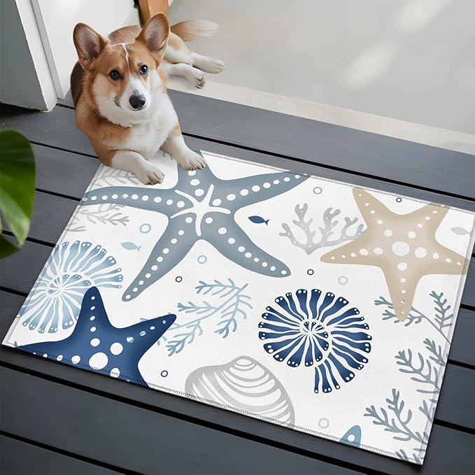 Area Rug 2x3ft, Ocean Starfish Shell Conch Washable Rugs for Living Room Bedroom, Sea Blue Coral Seamless Soft Non-Slip Area Rugs Rectangle Floor Carpet for Dining Room
