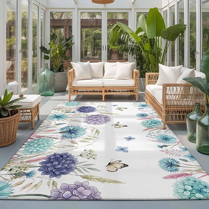 Area Rug 3x5ft, Spring Flower Thistle Hydrangea Washable Rugs for Living Room Bedroom, Wild Garden Floral Butterfly Soft Non-Slip Area Rugs Rectangle Floor Carpet for Dining Room
