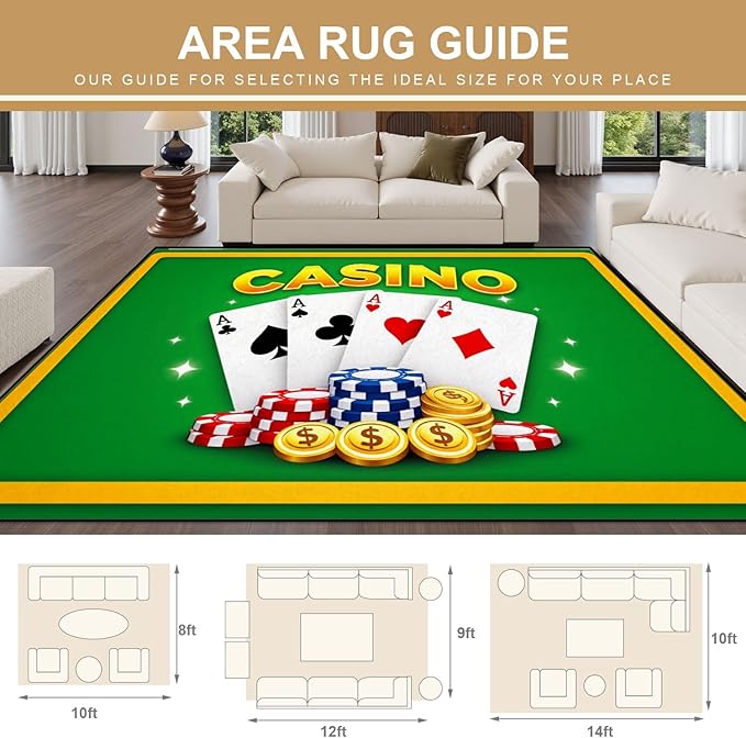 8x10 Area Rugs for Bedroom Boho Washable Man Cave Rug for Living Room Casino Theme Playing Cards Poker Chips Dollar Coins Soft Rubber Backed Non-Slip Large Carpets for Boys