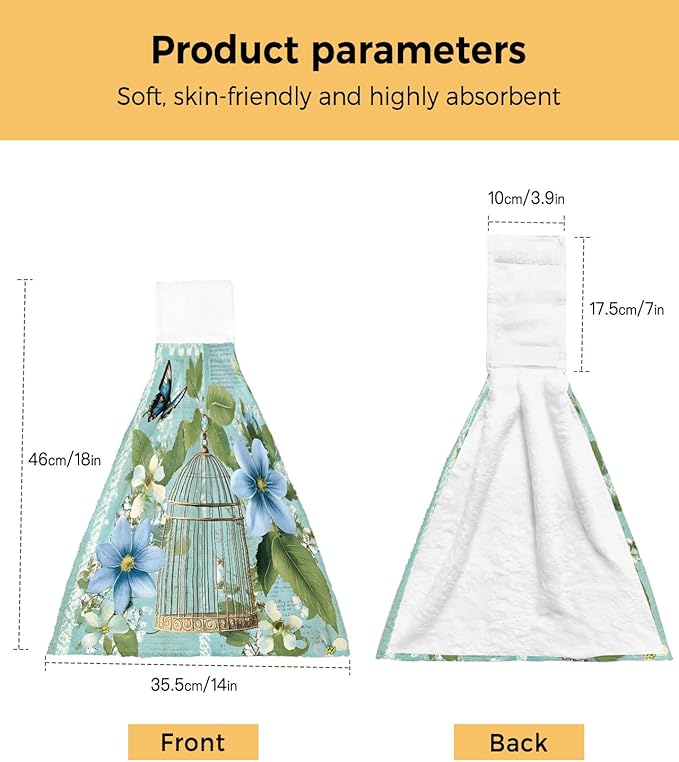Alandar Home Kitchen Tie Towel Set of 1, Summer Flower Leaf Birdcage Absorbent Soft Hand Towels for Bathroom Hanging Towels, Retro Watercolor Butterfly Plant Fast Drying Cleaning Cloth with Loop