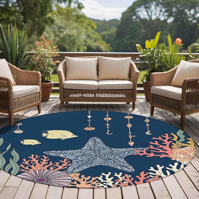 Washable Round Area Rug Ocean Starfish Coral Fish Circle Rugs Floor Carpet for Living Room Bedroom, Underwater Creature on Navy Blue Soft Non Slip Round Rug 5ft