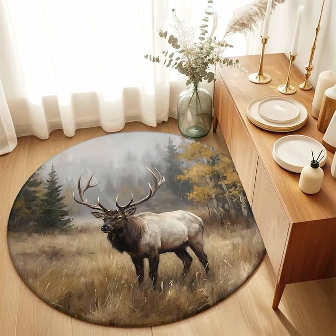 Washable Round Area Rug Brown Animals Elk Circle Rugs Floor Carpet for Living Room Bedroom, Retro Forest Landscape Soft Non Slip Round Rug 3ft