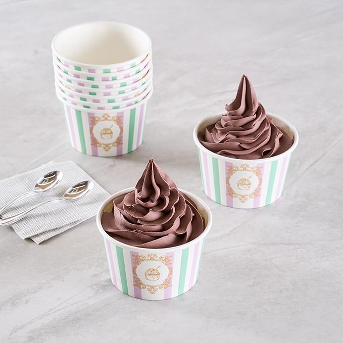 Coppetta 8 Ounce Dessert Cups, 50 Greaseproof Ice Cream Cups - Lids Sold Separately, For Hot And Cold Foods, Purple And Blue Stripe Paper Yogurt Bowls, Disposable, Sturdy - Restaurantware