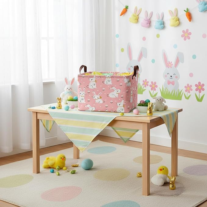 Large Rectangular Cute Kid Easter Basket Empty Bunny Eggs Easter Basket Gift Spring Room Storage Organizer Décor (E-04)