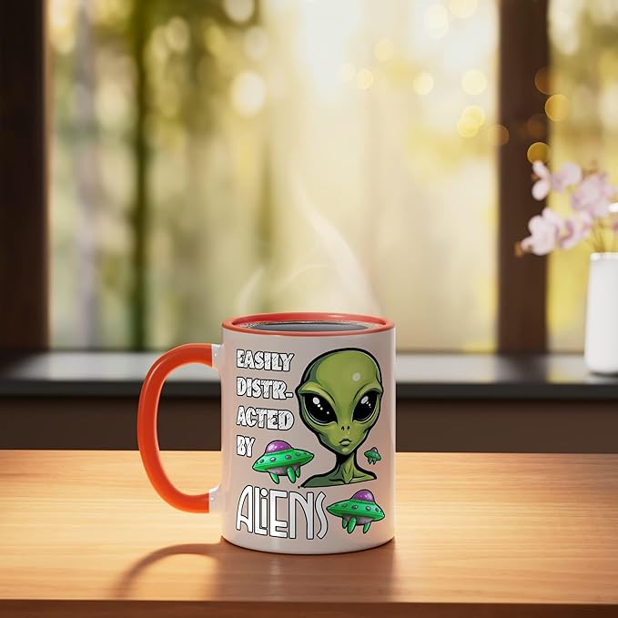 Easily Distracted By Aliens Funny Sci Fi Apparel Design Ceramic Mug, Orange/White