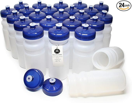 Rolling Sands Reusable Bulk Water Bottles 24 Pack - 20 Oz Sports Water Bottles, USA Made, BPA-Free, Wide Mouth for Easy Cleaning, Dishwasher Safe, Break Resistant - Clear Frost Bottle/Navy Lid