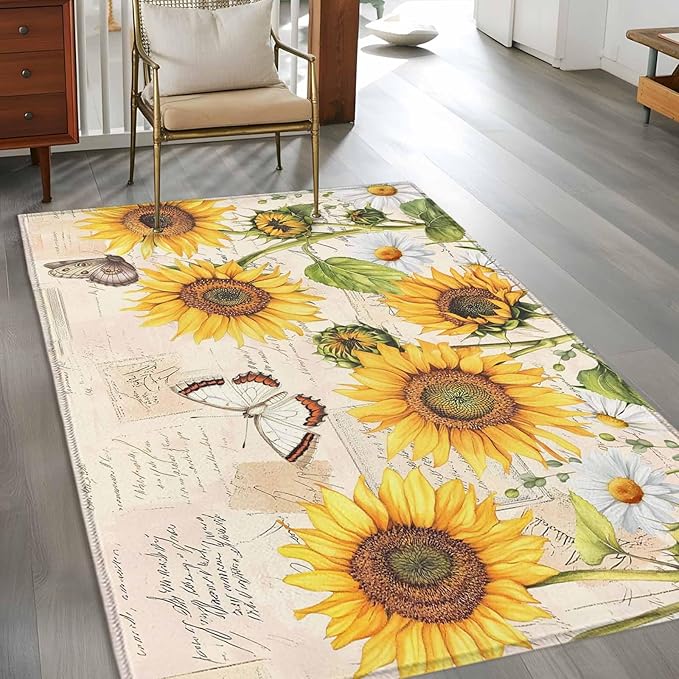 Sunflower Farmhouse 4x6 Area Rugs, Retro Floral Butterflies Non-Skid Rubber Backing Large Rectangle Rugs - Living Room Bedroom Home Office, Spring Summer Indoor Floor Mat Carpets Washable Rug