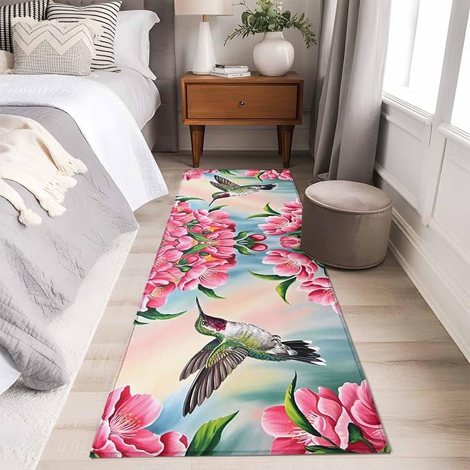 Runner Rug for Bedroom Hallway, Hummingbird Flower Peach Blossom Kitchen Runner Rugs Area Rug 2x6ft, Nature Oil Painting Art Washable Soft Floor Carpet for Entryway Stair