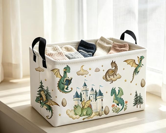 Essme Rectangular Kids Baskets,Dinosaur Storage Box,Cute Basket for Kids with Handles for Room Decor, Book Bins,Shelf Basket.（Castle Dinosaurs