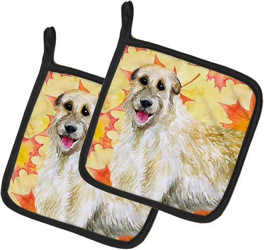 Caroline's Treasures BB9931PTHD Irish Wolfhound Fall Pair of Pot Holders, Yellow Kitchen Heat Resistant Pot Holders Sets Oven Hot Pads for Cooking Baking BBQ, 7 1/2 x 7 1/2