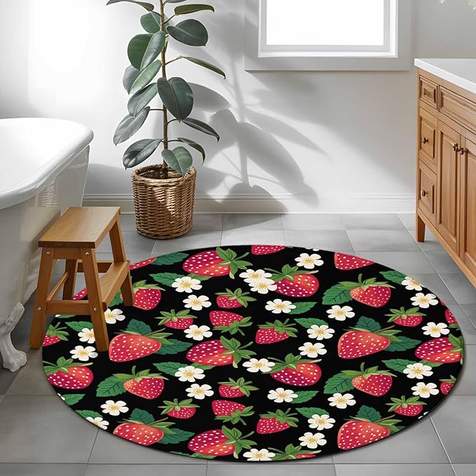 Washable Round Area Rug Red Strawberry Litter Flower Leaves on Black Circle Rugs Floor Carpet for Living Room Bedroom, Summer Fruit Soft Non Slip Round Rug 3ft