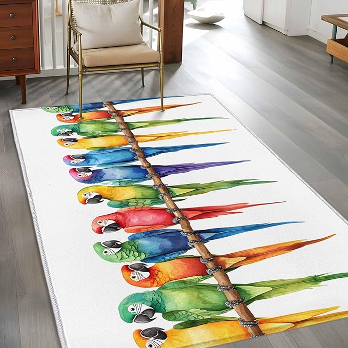Area Rug 4x6ft, Funny Watercolor Parrot Washable Rugs for Living Room Bedroom, Red Green Blue Gradient Bird Soft Non-Slip Area Rugs Rectangle Floor Carpet for Dining Room