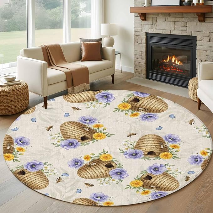 Washable Round Area Rug Garden Beehives Honeybees Circle Rugs Floor Carpet for Living Room Bedroom, Country Purple Floral Soft Non Slip Round Rug 5ft