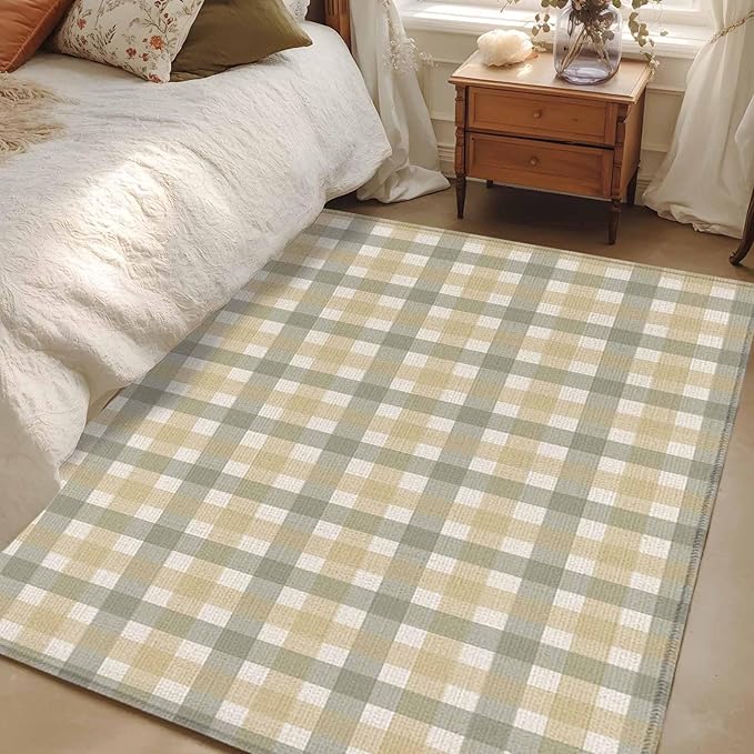 Area Rug 3x5ft, Farmhouse Vintage Beige Tan Buffalo Plaid Washable Rugs for Living Room Bedroom, Rustic Linen Soft Non-Slip Area Rugs Rectangle Floor Carpet for Dining Room