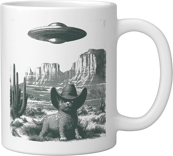 Desert Cat in Hat UFO Encounter Vintage Engraving Ceramic Mug, White