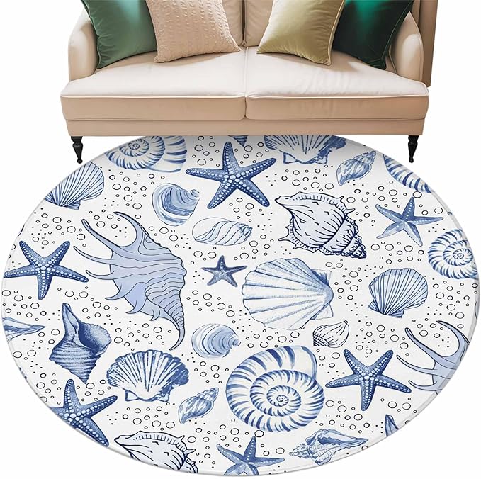 Washable Round Area Rug Navy Blue Starfish Conch Shell Seamless Circle Rugs Floor Carpet for Living Room Bedroom, Summer Ocean Bubbles Soft Non Slip Round Rug 5ft
