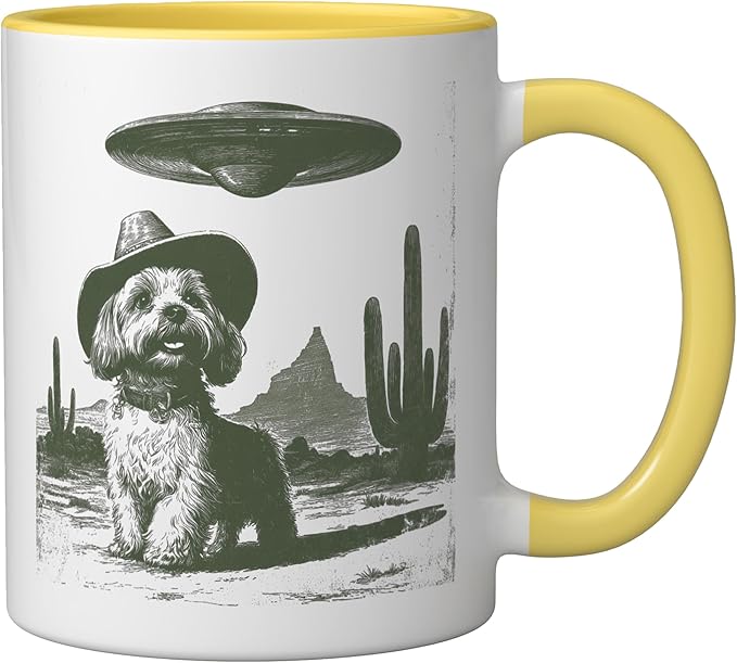 Retro Cowboy Dog UFO Desert Landscape Art Ceramic Mug, Yellow/White