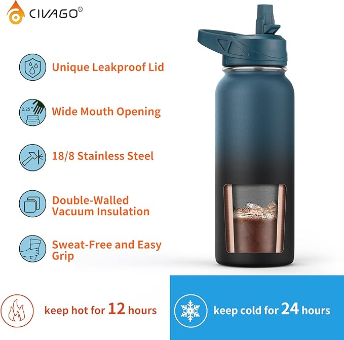 CIVAGO 40 oz Insulated Water Bottle With Straw, Stainless Steel Sports Water Cup Flask with 3 Lids, Double Walled Travel Thermal Canteen Mug, Red