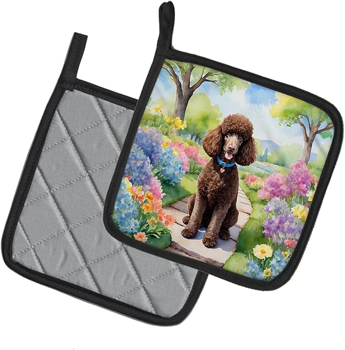 Caroline's Treasures Chocolate Poodle Spring Path Pair of Pot Holders Kitchen Heat Resistant Pot Holders Sets Oven Hot Pads for Cooking Baking BBQ, 7 1/2 x 7 1/2