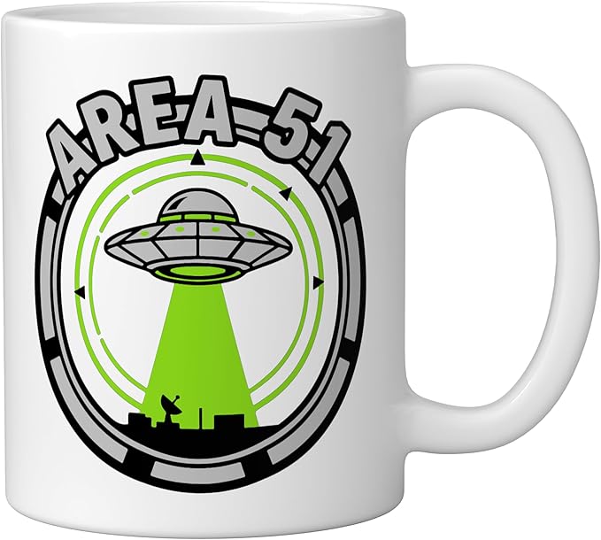 Area 51 UFO Alien Conspiracy Flying Saucer Design Ceramic Mug, White