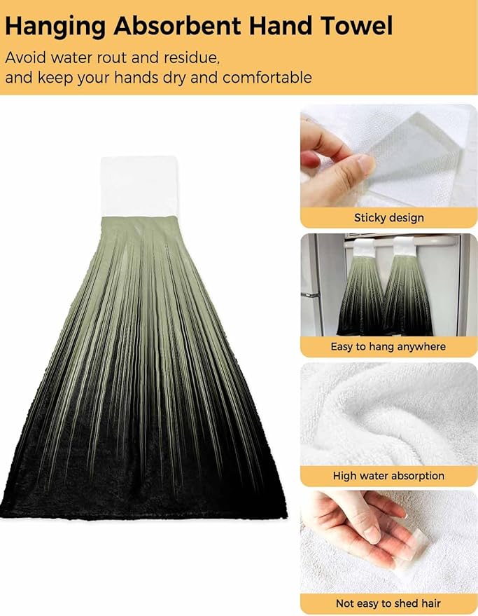 Alandar Home Kitchen Tie Towel Set of 2, Sage Green Black Striped Art Absorbent Soft Hand Towels for Bathroom Hanging Towels, Abstract Line Gradient Fast Drying Cleaning Cloth with Loop