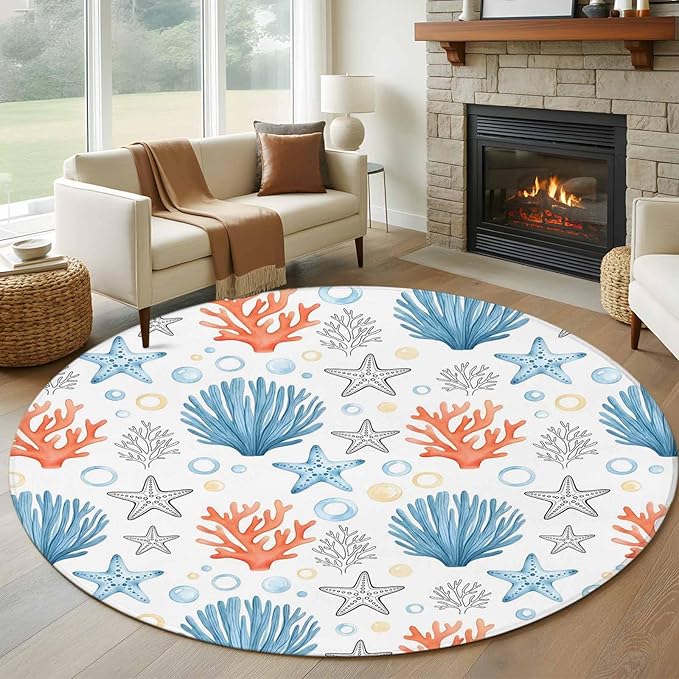 Washable Round Area Rug Coastal Starfish Shell Coral Circle Rugs Floor Carpet for Living Room Bedroom, Ocean Bubble Blue Black Orange Soft Non Slip Round Rug 5ft