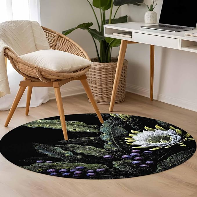 Washable Round Area Rug Watercolor Flower Berry Leaves Circle Rugs Floor Carpet for Living Room Bedroom, Botanical Plant Dark Style Soft Non Slip Round Rug 4ft