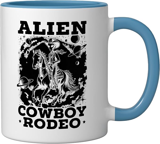 Alien Lover Flying Saucer UFO Extraterrestrial Cowboy Ceramic Mug, Blue/White
