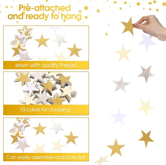 Patelai 130 Feet Glitter Star Garland Banner 2026 Party Decoration Double Side Star Hanging String Streamer Paper Twinkle for Graduation Wedding Birthday (Glitter Gold and Champagne Gold,White)