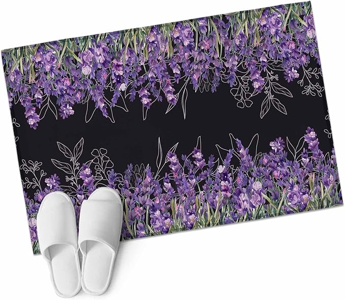 Area Rug 2x3ft, Spring Purple Lavender Flower Washable Rugs for Living Room Bedroom, Watercolor Floral on Black Soft Non-Slip Area Rugs Rectangle Floor Carpet for Dining Room