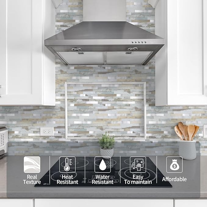 Yipscazo 10 Sheets Peel and Stick Stone Metal Tile Backsplash, Stick on Tiles for Backsplash Kitchen, Bathroom, Laundry Room, Camper, Fireplace (12'' X 12'', White Wood with Metal)