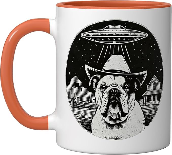 Retro UFO Cowboy Bulldog Western Sci Fi Alien Ceramic Mug, Orange/White