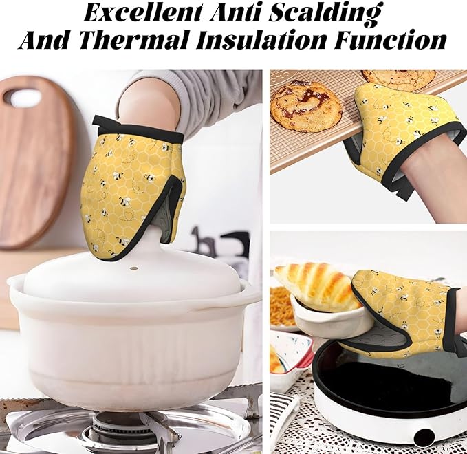 2 Pcs Mini Silicone Oven Mitts Funny Bees Honey Heat Resistant Grill Gloves with Hanging Loop, Yellow Short Kitchen Mittens for Cooking Baking BBQ