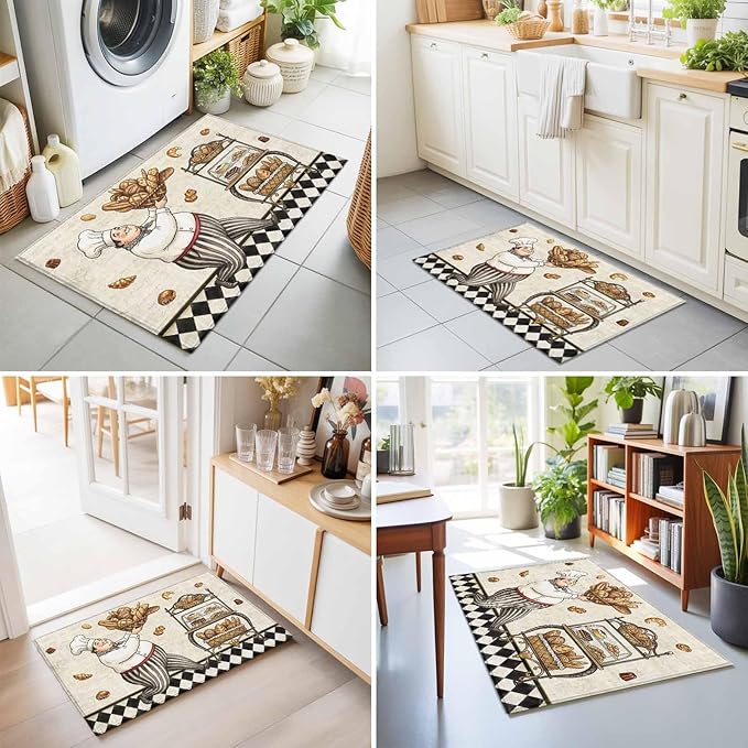 Area Rug 2x3ft, Farmhouse Kitchen Baker Bread Washable Rugs for Living Room Bedroom, Vintage Black Plaid Soft Non-Slip Area Rugs Rectangle Floor Carpet for Dining Room