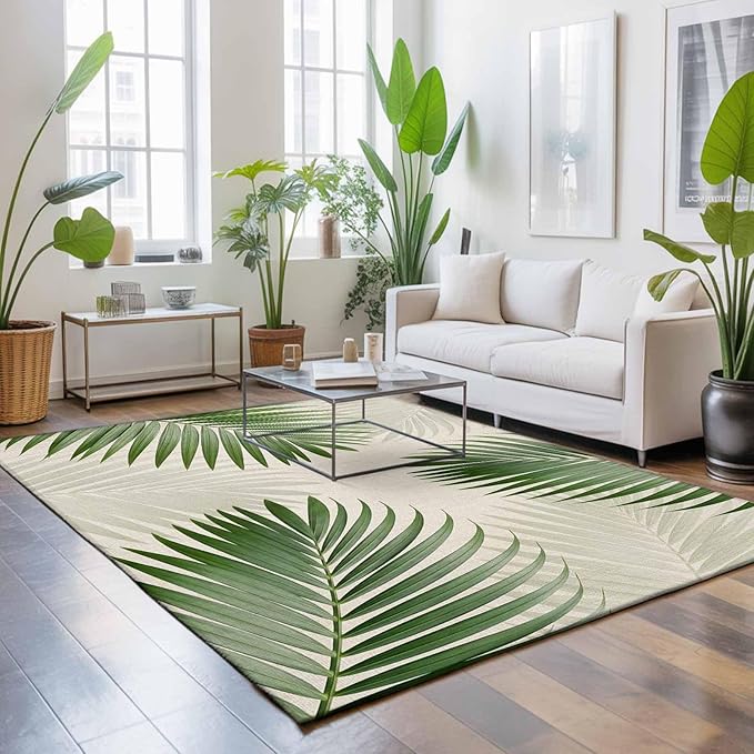 Area Rug 8x10ft, Rustic Sage Green Palm Leaves on Linen Washable Rugs for Living Room Bedroom, Summer Plants Soft Non-Slip Area Rugs Rectangle Floor Carpet for Dining Room